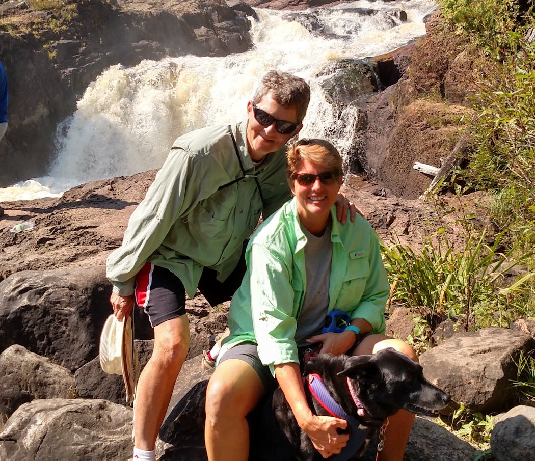 Laura Kuhns and Sue Jacobson with Bella at Jay Cooke State Park.