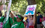 Abortion rights supporters gathered outside the Tarrant County Courthouse during the Bans Off Our Bodies protest in Fort Worth, Texas, on Saturday, Ju