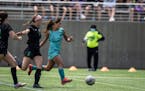 Minnesota Aurora’s Mariah Nguyen, right, who had a goal in her team’s home win on June 26, will now get to play in the USL W League playoffs along