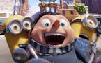 Steve Carell’s Gru, center, is back front and center for the “Despicable Me” spinoff “Minions: The Rise of Gru.” 