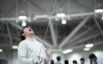 William Morrill celebrated after advancing to the finals of the Division I Men’s Saber event at the USA Fencing Championships on Monday, July 4, 202