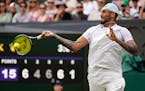 Australia’s Nick Kyrgios — known for his tempestuous demeanor — was relatively calm in dispatching Brandon Nakashima of the U.S. in the Wimbledo