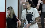WNBA basketball star Brittney Griner arrives to a hearing at the Khimki Court, outside Moscow on July 1, 2022. 