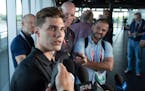 Juraj Slafkovsky of Slovakia talked to reporters in Montreal on Wednesday. He’ll be one of the top picks in the first round of the NHL draft.