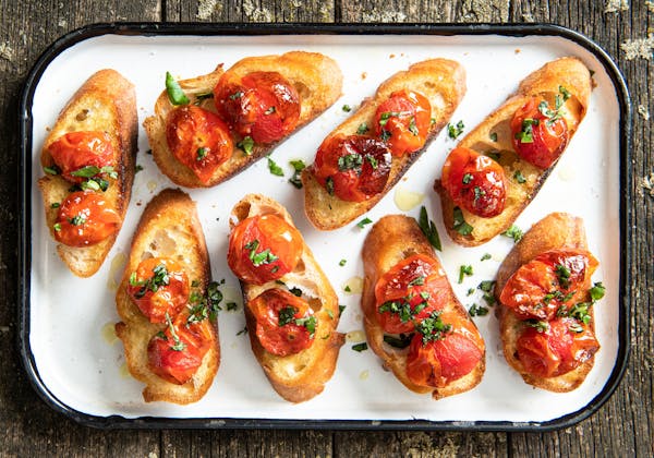 Blistered Tomato Bruschetta makes the most of sweet cherry tomatoes.