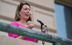Dr. Caitlin Bernard, a reproductive health care provider, speaks during an abortion rights rally June 25 at the Indiana Statehouse in Indianapolis.