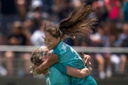 Mariah Nguyen, right, celebrated a goal with Morgan Turner last month, when Minnesota Aurora defeated the St. Louis Lions 4-1 at TCO Stadium.