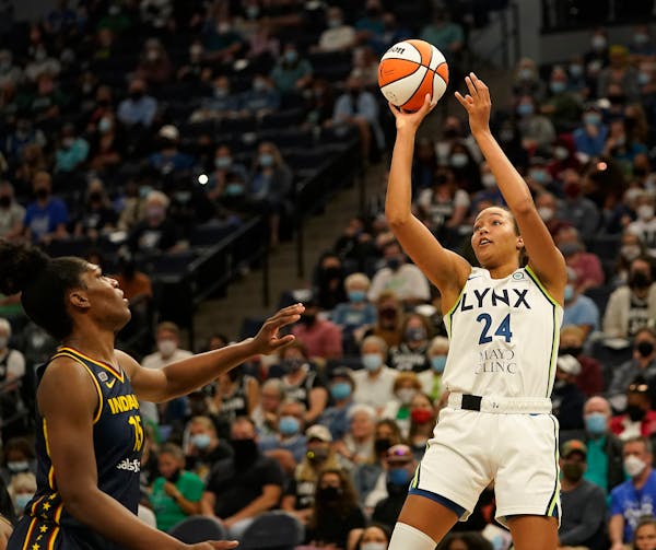 Minnesota Lynx forward Napheesa Collier (24) shot over Indiana Fever center players Teaira McCowan (15) during the quarter of the Lynx 90-80 win at th
