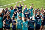 Minnesota Aurora celebrates after defeating Virginia-based McLean Soccer 1-0 during the USL W League semifinals Saturday, July 17, 2022 at TCO Stadium