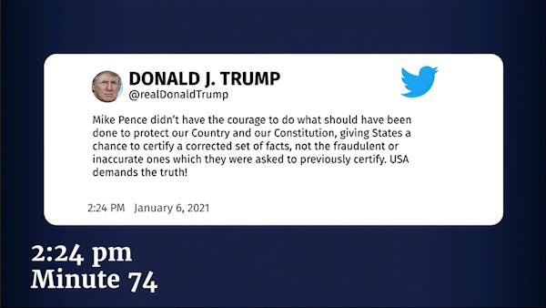 This exhibit from video shows a tweet from then-President Donald Trump displayed at the July 21 hearing by the House select committee investigating th