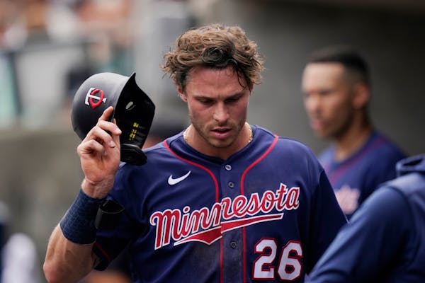 Twins outfielder Max Kepler walked in the dugout after getting plunked and being pulled for a pinch runner in the third inning Sunday.