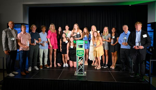 All of the Star Tribune All-Metro Sports Awards winners gathered for a photo with their trophies after the AMSA gala at Allianz Field on Wednesday nig