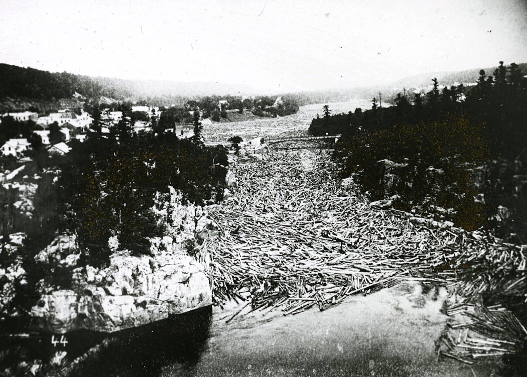 A log jam on the St. Croix River at Taylors Falls in the 1920s.