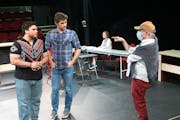 Robert Dorfman, right, directs Pedro Juan Fonseca and Damian Leverett in “Groupthink” for Six Points Theater.