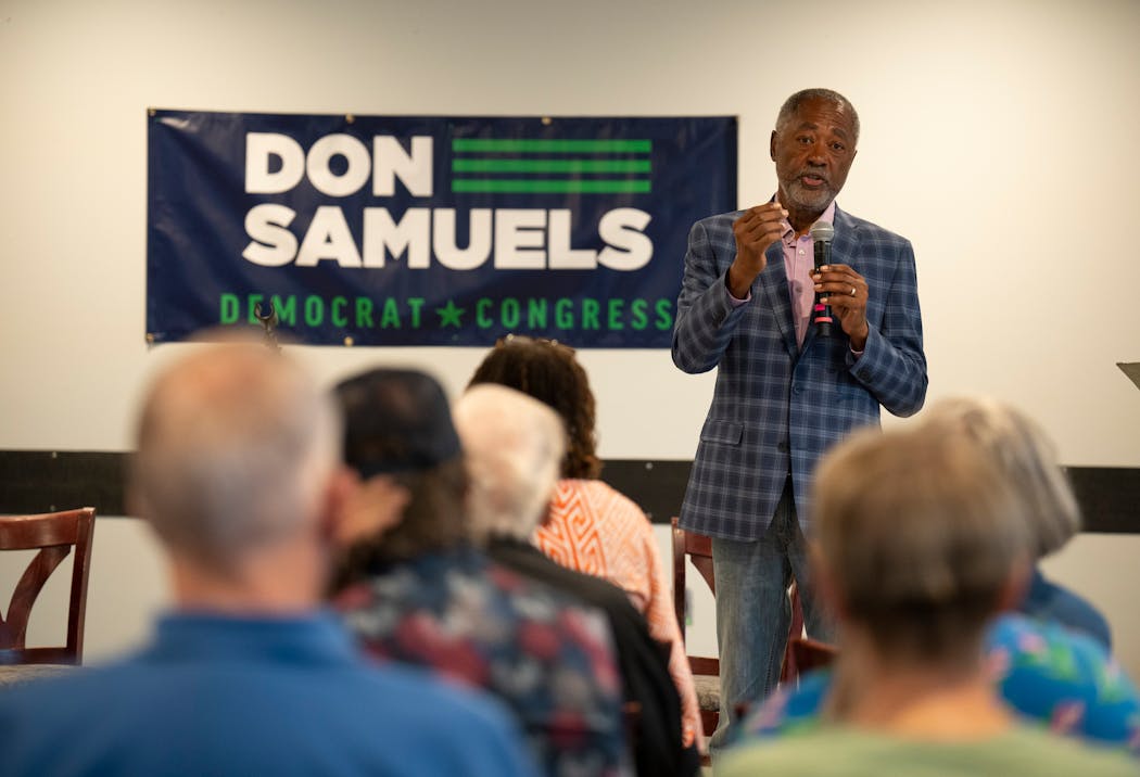 Don Samuels answers a question from a potential primary voter during a town hall on July 28 in Richfield.