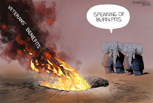 GOP Elephants standing watching a blaze labeled 