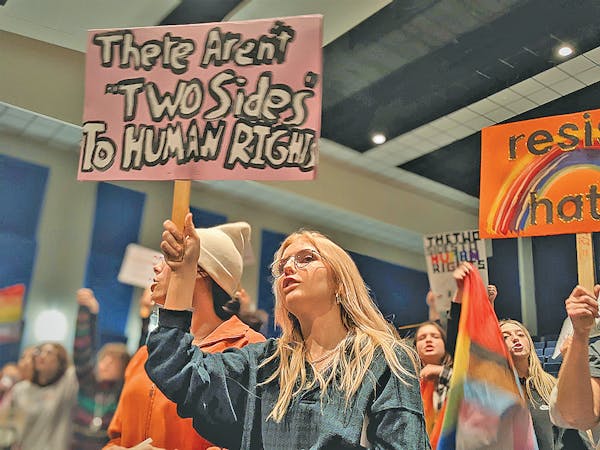 Becker High School student Kristie Deering was one of 100 protesters at a presentation by the anti-LGBTQ group Child Protection League in March 2022.