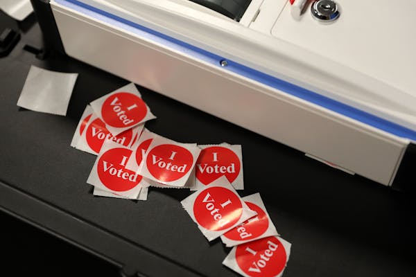 Stickers awaited voters after they cast their ballots on a recent primary election day at Holy Spirit Catholic Church in St. Paul. 