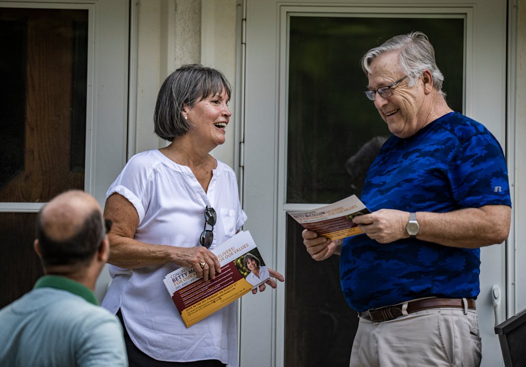 Rep. Betty McCollum canvassed in her district, running into acquaintance Dick Jones in St. Paul ahead of the August primary.