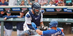 Gary Sanchez tags out Toronto’s Whit Merrifield on the call that was overturned.