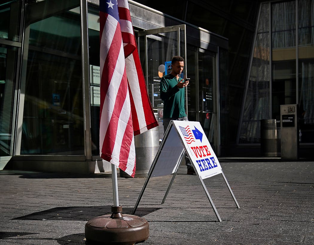A sign indicated a polling place at the Minneapolis Central Library on Tuesday.