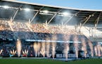 Pyrotechnics lit up the field during the opening ceremony of the MLS All-Star Game against LIGA MX Wednesday at Allianz Field in St. Paul.