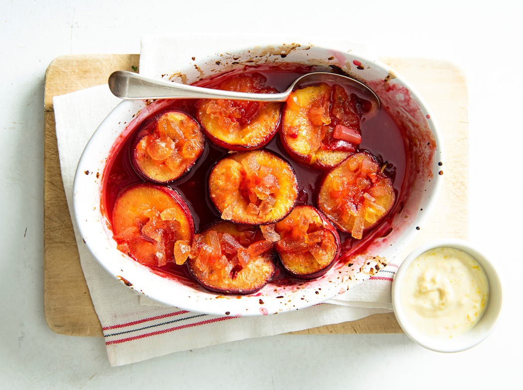 Roasting fruit brings out its sweetness. Any stone fruit will do.