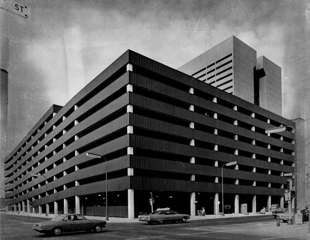 The Hennepin County Government Center Parking Ramp, featuring sloped floors, soon after it opened downtown in 1974.