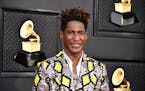 Jon Batiste arrives at the 64th annual Grammy Awards at the MGM Grand Garden Arena on Sunday, April 3, 2022, in Las Vegas.