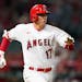 Angels designated hitter Shohei Ohtani ran to first while grounding out during the eighth inning against Twins reliever Jhoan Duran on Friday night.