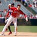 Angels star Shohei Ohtani reacted after being tagged out at second base by Twins shortstop Carlos Correa in the fifth inning Sunday.