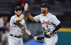 Detroit Tigers second baseman Jonathan Schoop (7) and third baseman Kody Clemens (21) celebrated the team’s 7-5 win against Cleveland.