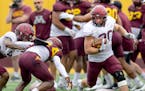 Gophers running back Cole Berghorn (20) looked for yardage at practice on Monday.