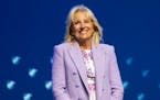 First Lady Jill Biden smiles was introduced before speaking during the American Federation of Teachers convention, July 15, 2022, in Boston. 