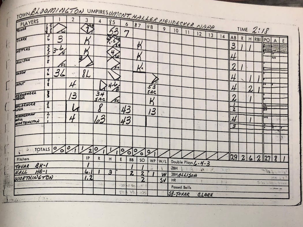 The Twins team scorebook from the Sept. 22, 1968 game vs. the Oakland A’s when Tovar made history.
