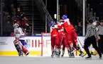 U.S. goalie Kaidan Mbereko skated away as the Czech Republic celebrated a second-period goal in a IIHF junior world hockey championships quarterfinal 