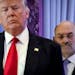 FILE - Allen Weisselberg, right, stands behind then President-elect Donald Trump during a news conference in the lobby of Trump Tower in New York, Jan