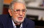 Spanish tenor Placido Domingo answers a question during an interview with the Associated Press in Naples, Sunday, Aug. 23, 2020.