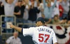 Johan Santana gestured after striking out Jarrod Saltalamacchia in the bottom of the eighth inning against the Rangers on Aug. 19, 2007.