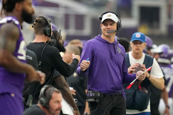 Vikings head coach Kevin O’Connell smiles on the sidelines ahead of Saturday’s preseason game vs. San Francisco 