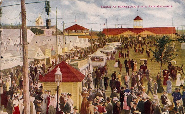 In the early years of the State Fair, structures were made of wood and clothing was formal. Card by V.O. Hammon Publishing, mailed 1912.