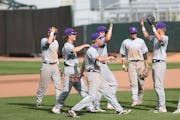 St. Thomas baseball players celebrate a win in 2021. The university wants to build baseball and softball fields at the Highland Bridge development in 