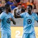 The last time the Loons played Houston on July 23, Bongokuhle Hlongwane (right) celebrated with Kemar Lawrence after scoring the deciding goal in a 2-
