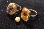 Items up for auction include this 18 karat yellow gold amethyst ring and 18 karat yellow gold citrine ring along with an undrilled natural culture pea