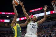 Lynx center Sylvia Fowles blocked a shot from Seattle’s Tina Charles during a game on Aug. 12.