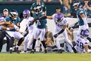 Eagles quarterback Jalen Hurts scored on a 26-yard run in the second quarter, one of his two rushing touchdowns in a 24-7 victory over the Vikings on 
