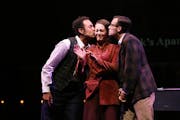 Three friends (from left, Reese Britts, Becca Hart and Dylan Frederick) weather happiness and heartache in “Merrily We Roll Along” at Theater Latt