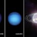 Three side-by-side images of Neptune. From left, a photo of Neptune taken by Voyager 2 in 1989, Hubble in 2021, and Webb in 2022. In visible light, Ne