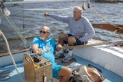 Captain Kiko Johnston-Kitazawa navigated the Golden Rule on Wednesday with Tom Bauch, a Veterans for Peace member and Air Force veteran, on the St. Cr