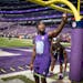 Vikings running back Dalvin Cook (4) yells to a fan before the Vikings-Packers game earlier this month.